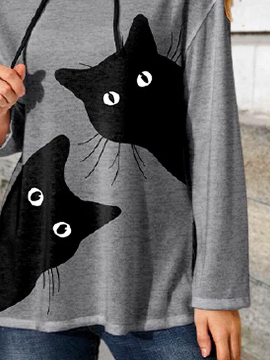 Cat Print Loose Long Sleeve Hooded T-shirt