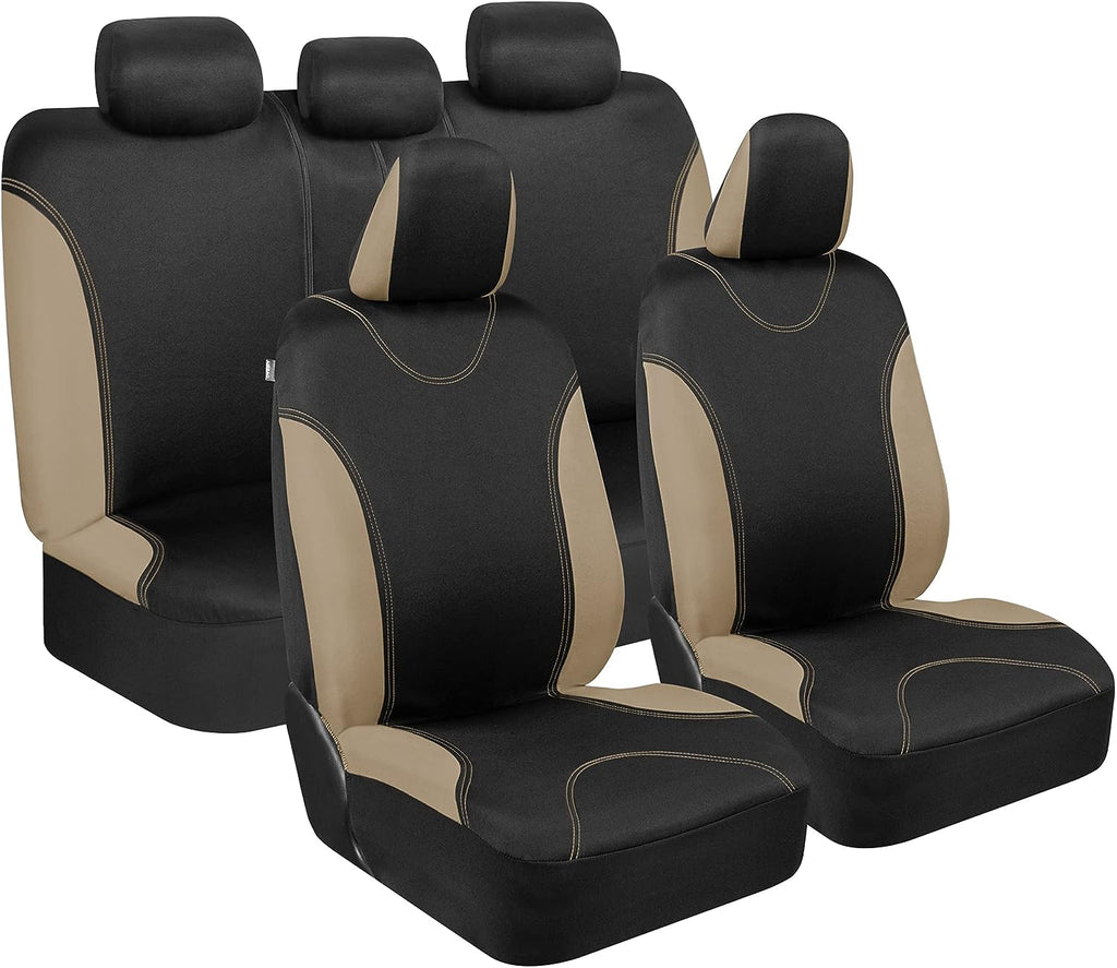 BDK UltraSleek Beige Seat Covers for Cars Full Set, Two-Tone Front Seat Covers with Matching Back Seat Cover, Stylish Car Seat Protectors with Split Bench ,