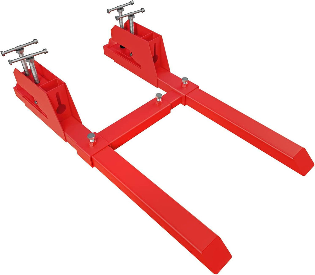 MAHLER GATES 2023 Upgrade Clamp on Pallet Forks with Anti-Slip Tongue, Twin Screw , Adjustable Stabilizer Bar, 43" 2000LBS Heavy Duty Pallet Forks for Tractor Bucket Loader, Red