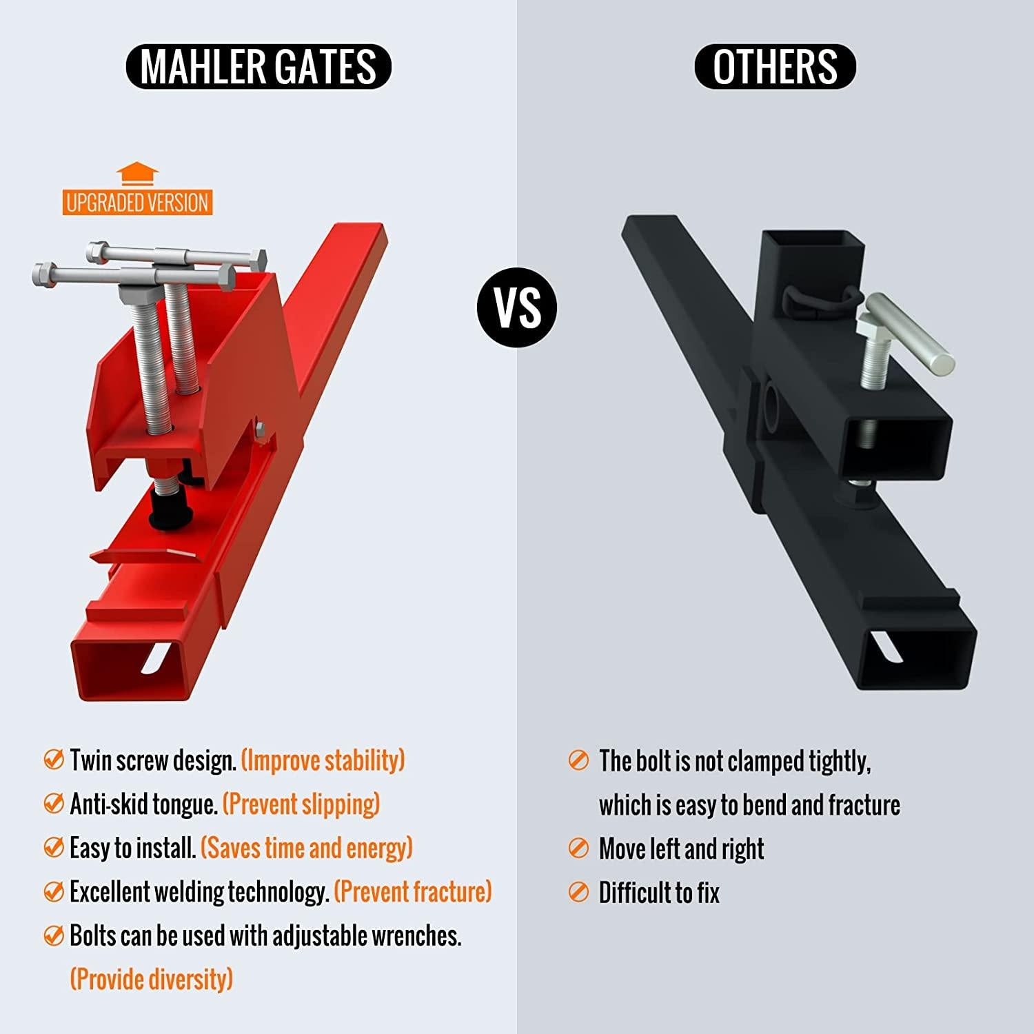 MAHLER GATES 2023 Upgrade Clamp on Pallet Forks with Anti-Slip Tongue, Twin Screw , Adjustable Stabilizer Bar, 43" 2000LBS Heavy Duty Pallet Forks for Tractor Bucket Loader, Red