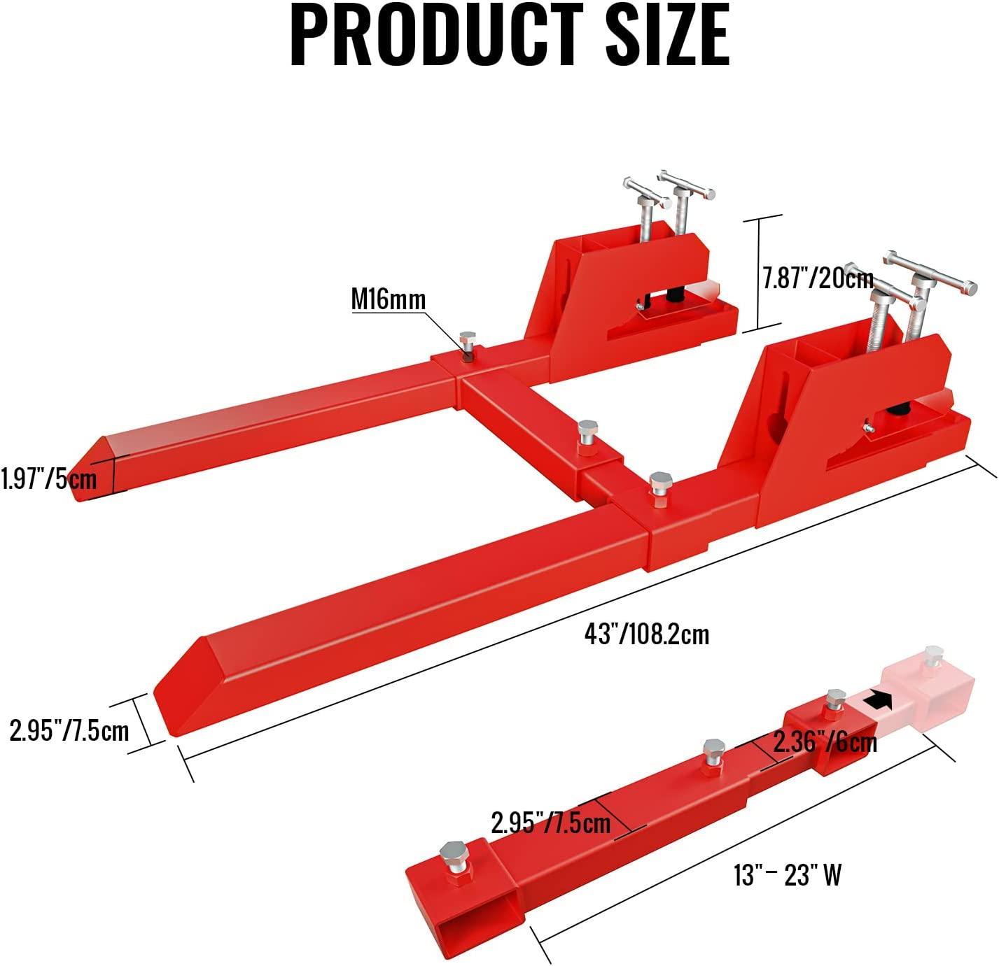 MAHLER GATES 2023 Upgrade Clamp on Pallet Forks with Anti-Slip Tongue, Twin Screw , Adjustable Stabilizer Bar, 43" 2000LBS Heavy Duty Pallet Forks for Tractor Bucket Loader, Red