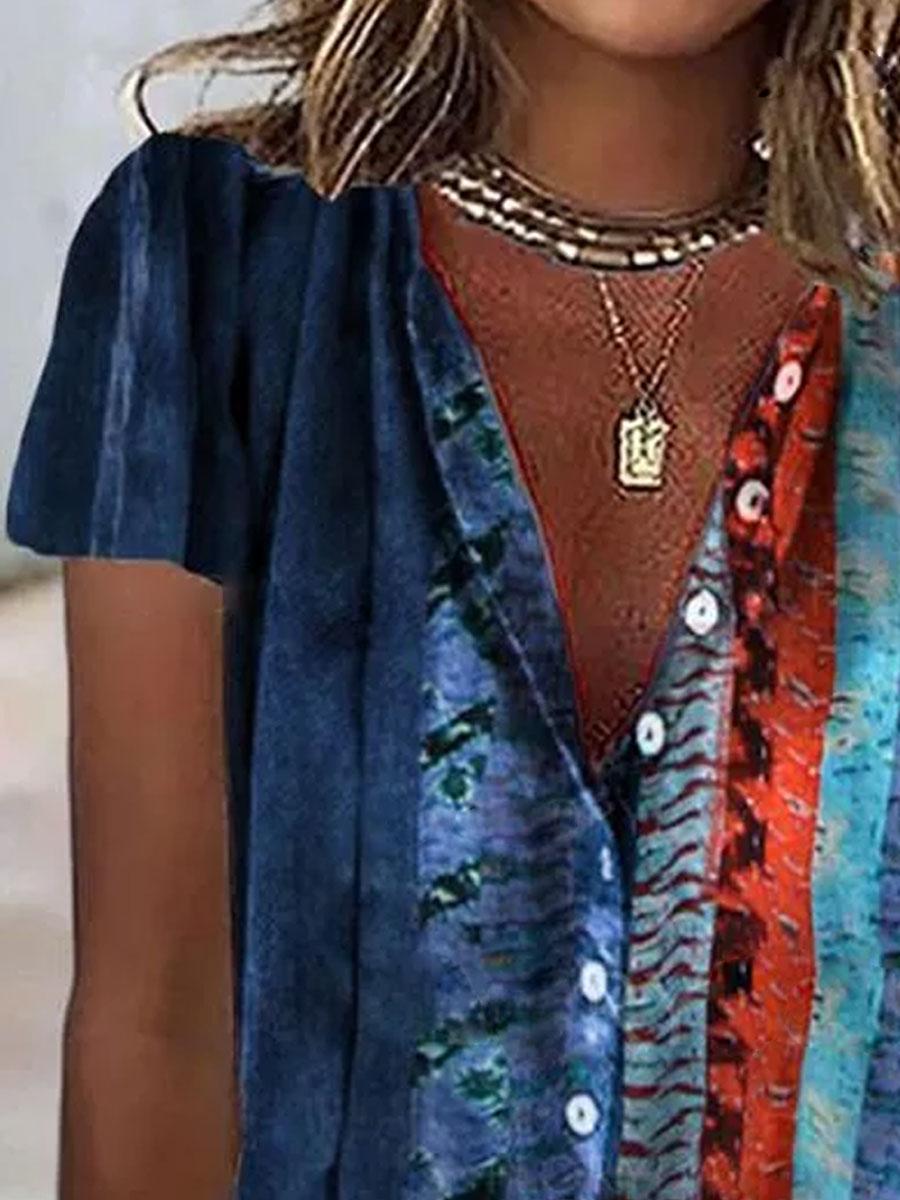 V-neck Gradient Stripe Print Short-sleeved Blouse