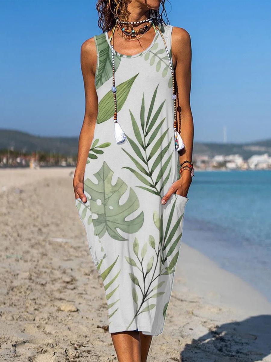 Ladies Casual Sleeveless Leaf Print Shift Dress