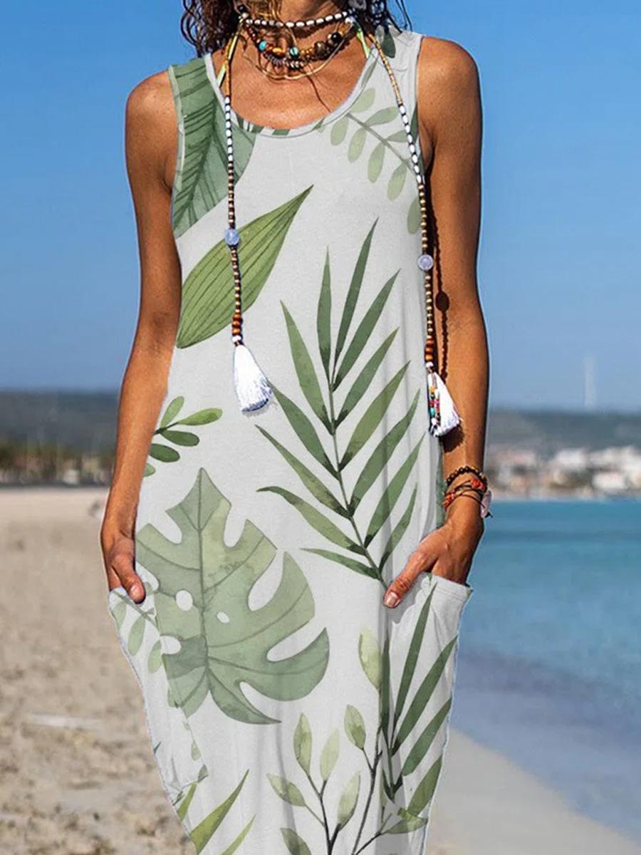 Ladies Casual Sleeveless Leaf Print Shift Dress
