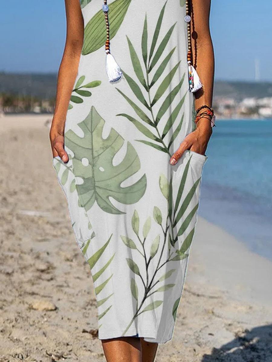 Ladies Casual Sleeveless Leaf Print Shift Dress