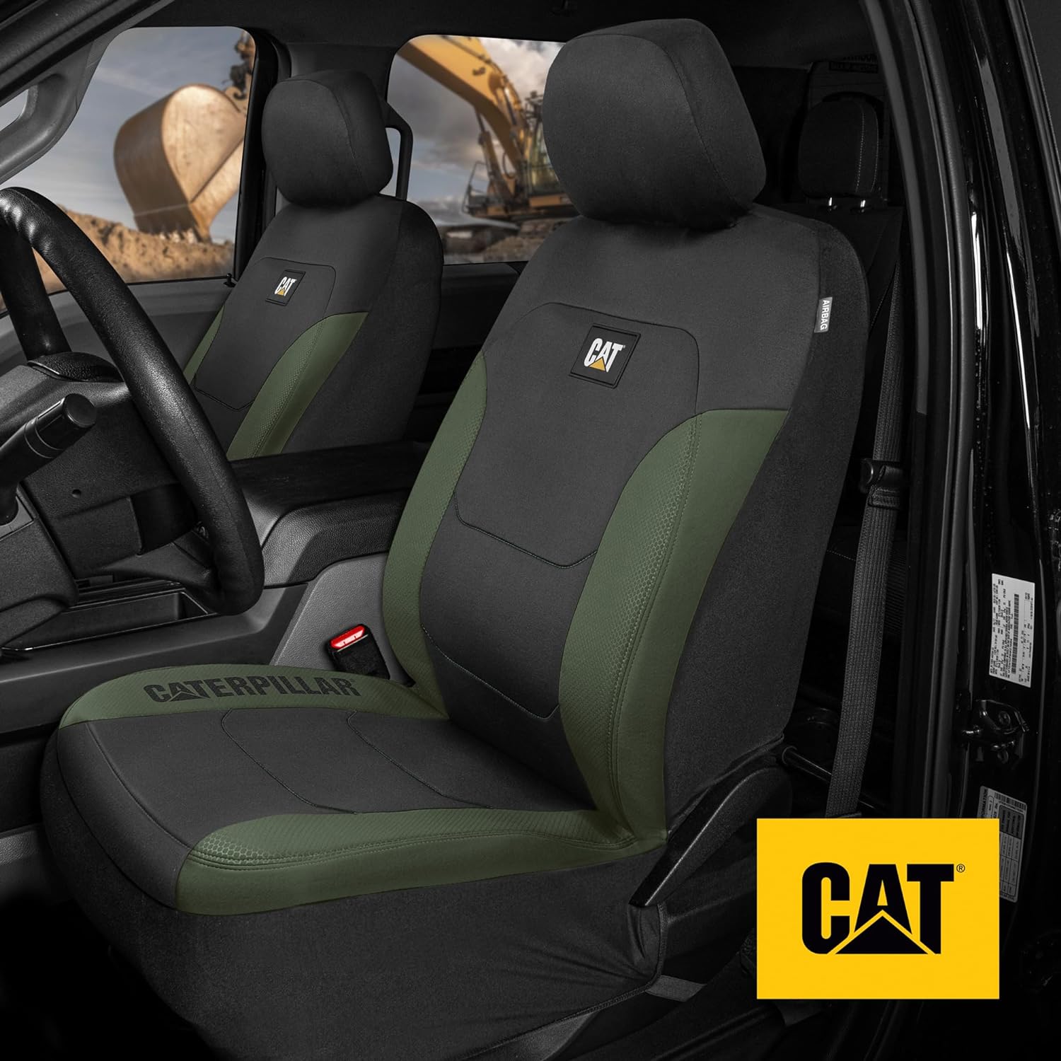 CatFlexfit Automotive Seat Covers for Cars Trucks and SUVs (Set of 2) – Black Car Seat Covers for Front Seats, Truck Seat Protectors with Green Honeycomb Trim, Auto Interior Covers