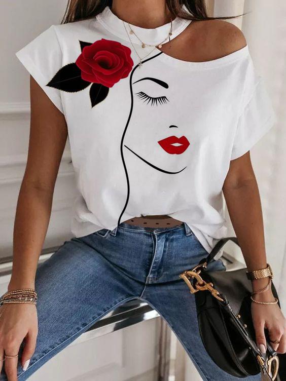 Women Casual Crew Neck Abstract Print Tops