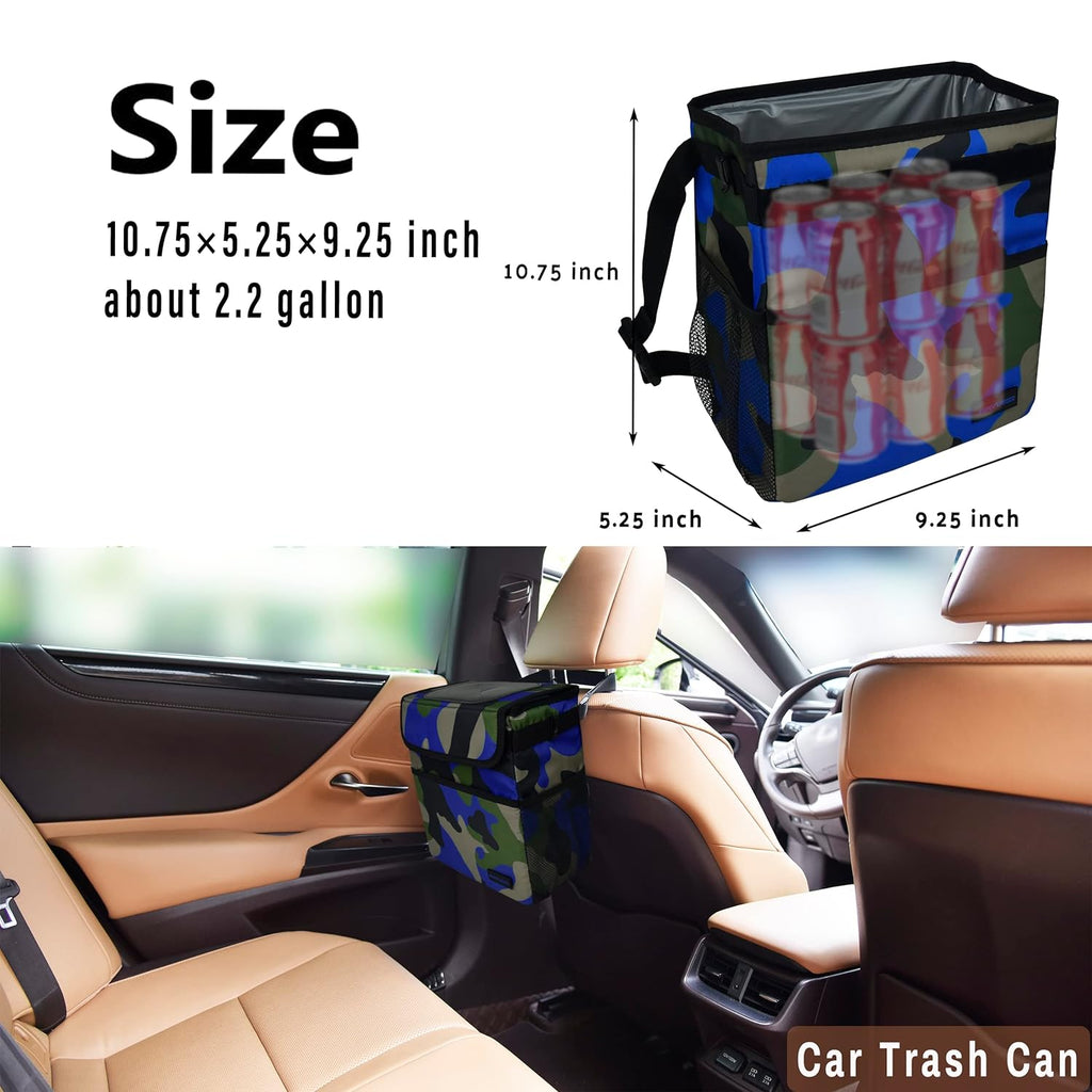 SIBOFUEGO Cute Car Trash Can with Lid - Leak Proof Car Trash Bag Hanging Waterproof Car Garbage Can with Storage Pockets Multipurpose Collapsible Car Organizer (Camo Blue)