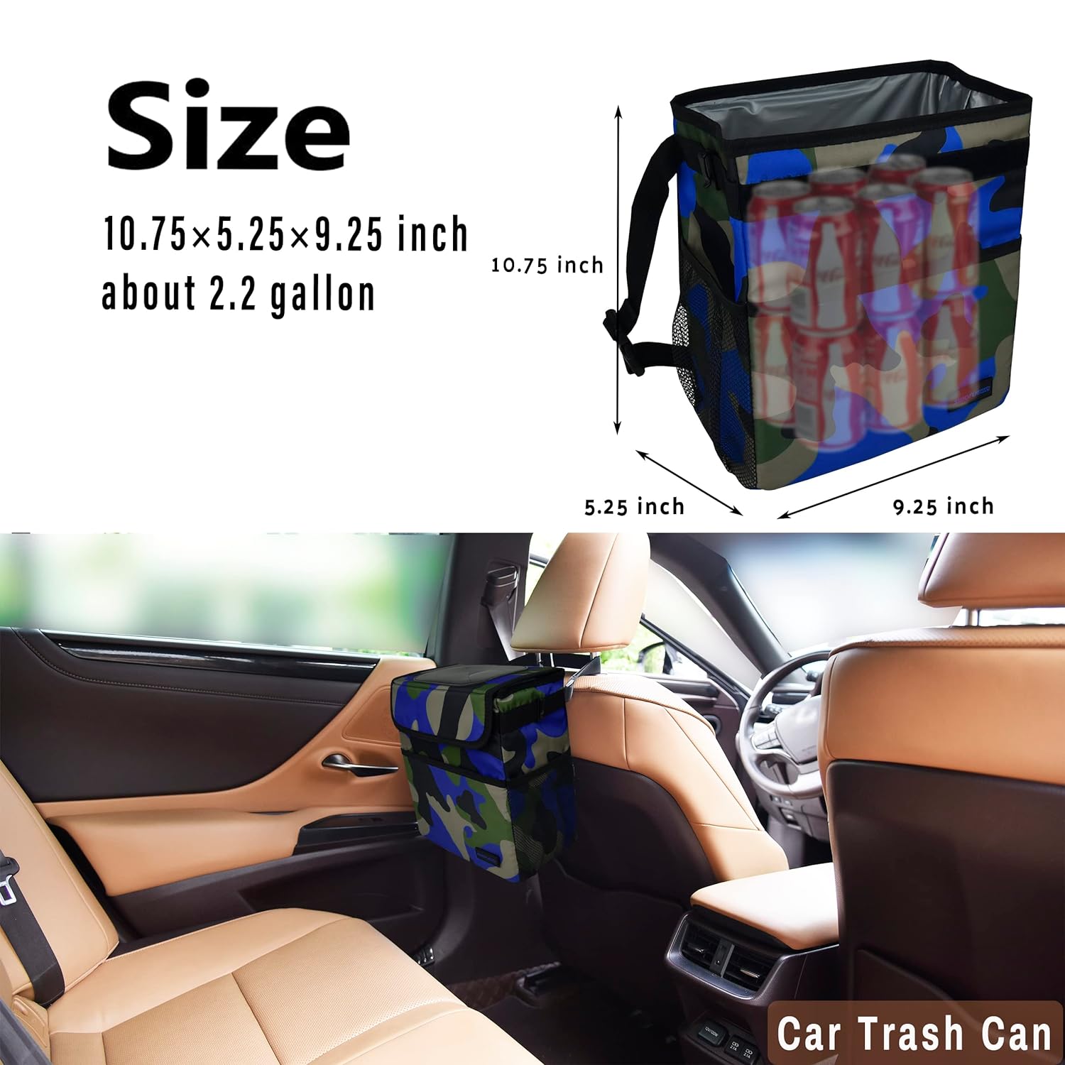SIBOFUEGO Cute Car Trash Can with Lid - Leak Proof Car Trash Bag Hanging Waterproof Car Garbage Can with Storage Pockets Multipurpose Collapsible Car Organizer (Camo Blue)