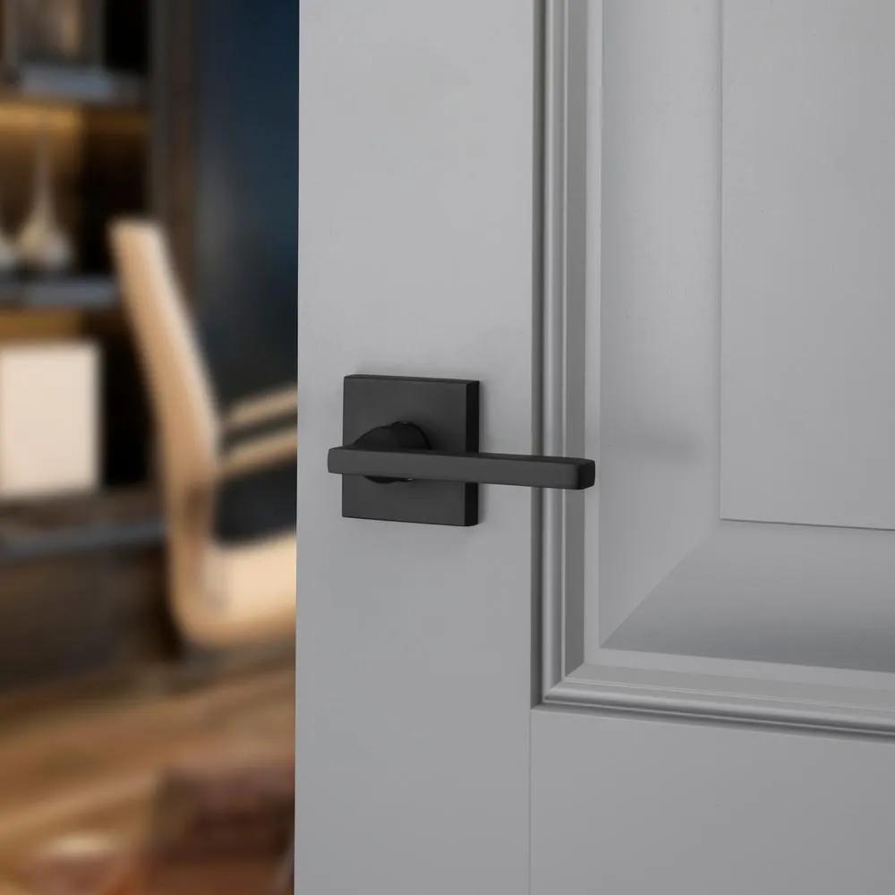 Reserve Square Satin Black Universal Hall/Closet Door Lever with Contemporary Square Rose