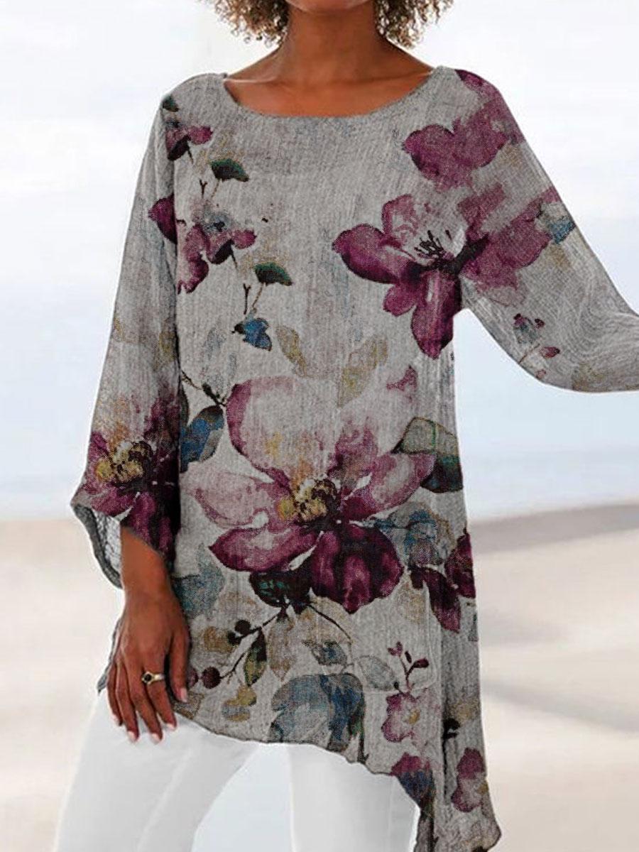 Round Neck Floral Print Loose Long-sleeved Blouse