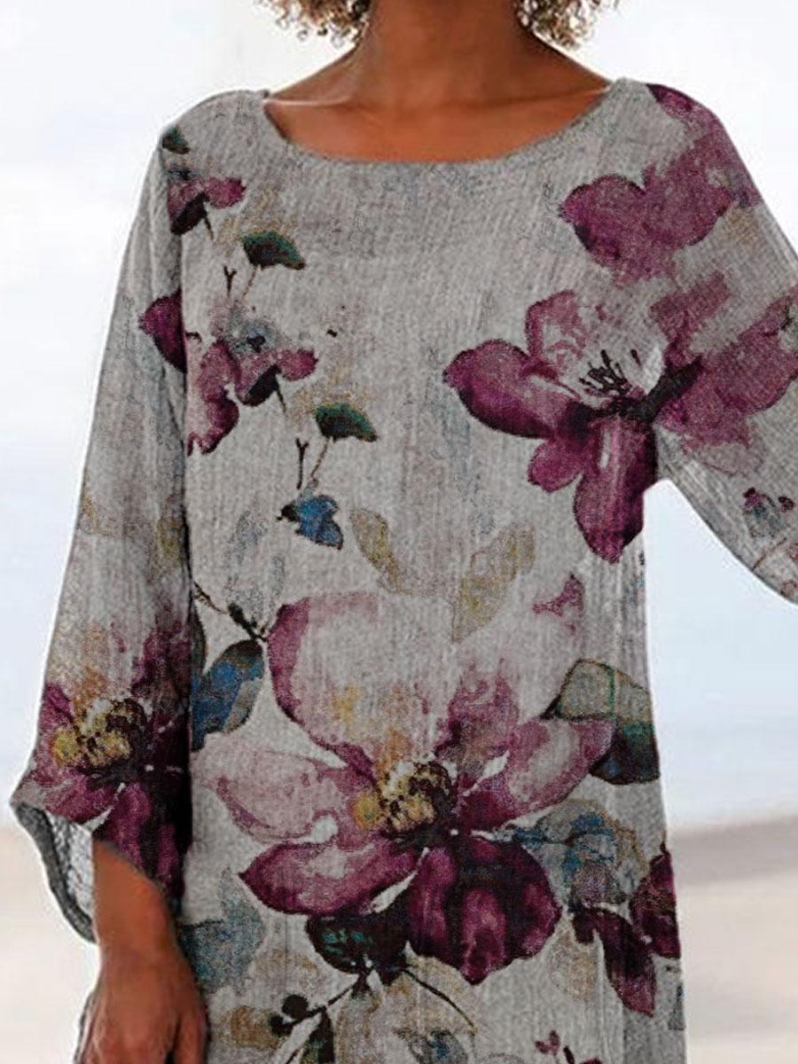 Round Neck Floral Print Loose Long-sleeved Blouse