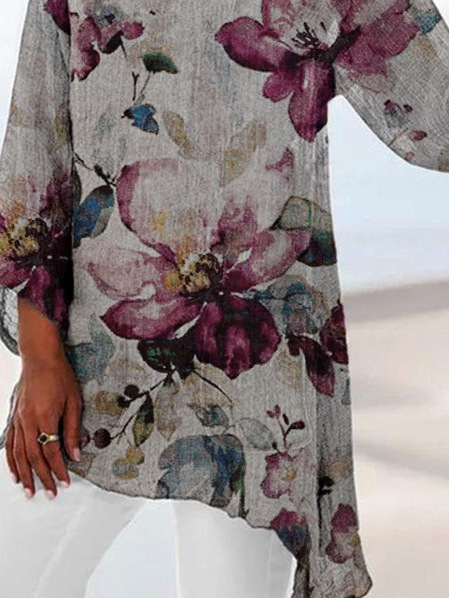 Round Neck Floral Print Loose Long-sleeved Blouse