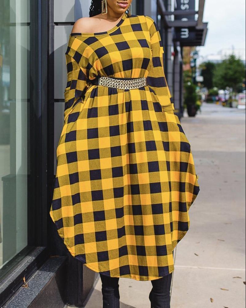 Plaid Print Long Sleeve Round Neck Casual Dress