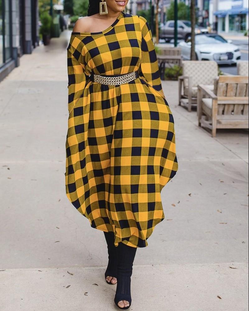 Plaid Print Long Sleeve Round Neck Casual Dress