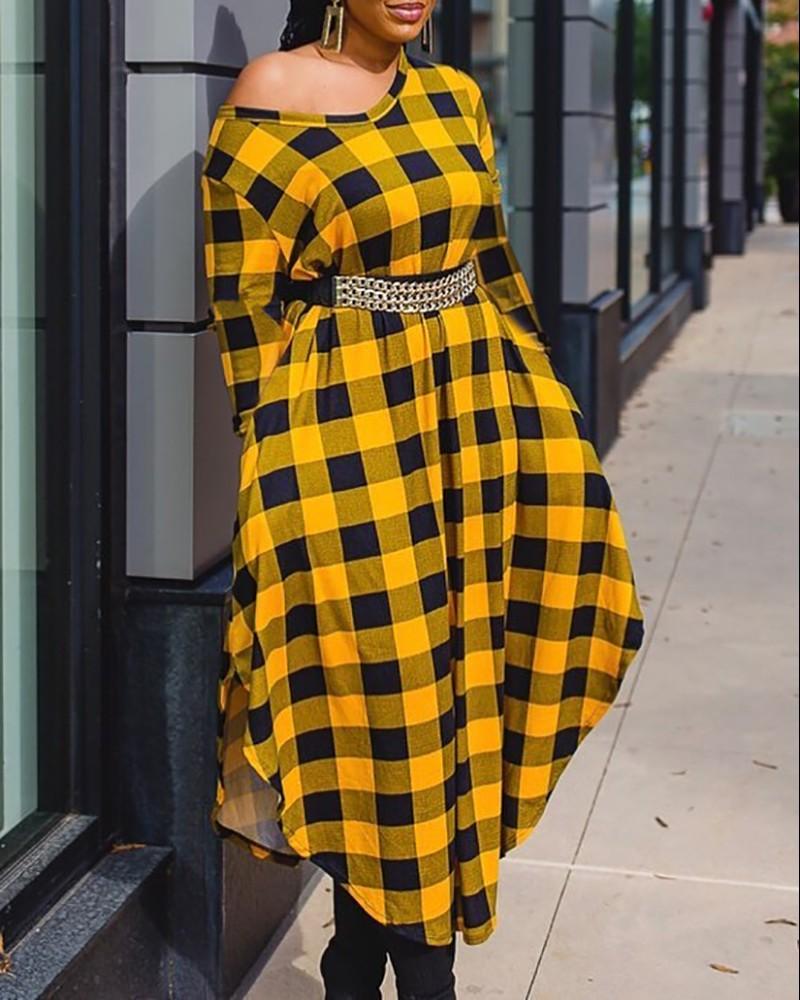 Plaid Print Long Sleeve Round Neck Casual Dress