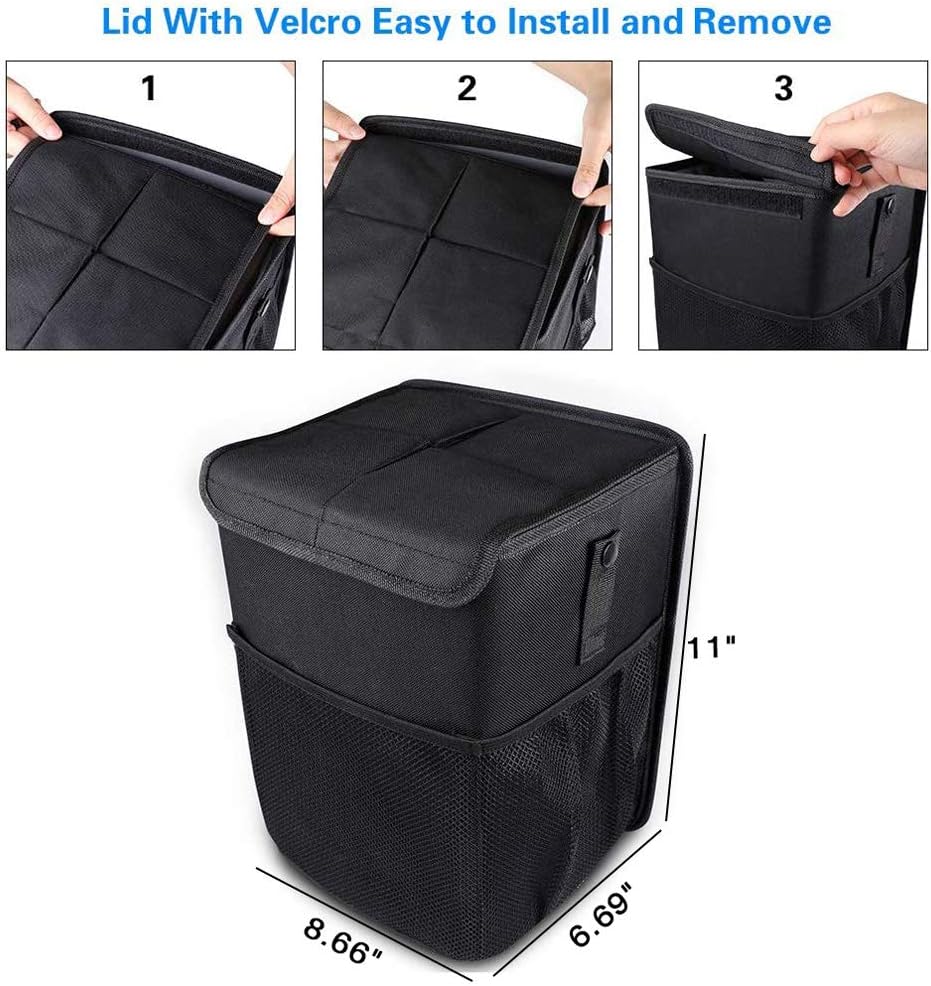 PowerTiger CAR ACCESSORIES Hanging Car Trash Can Bin - Car Garbage Cans Bag with Lid &amp; 3 Mesh Storage Pockets 2.64 Gallon