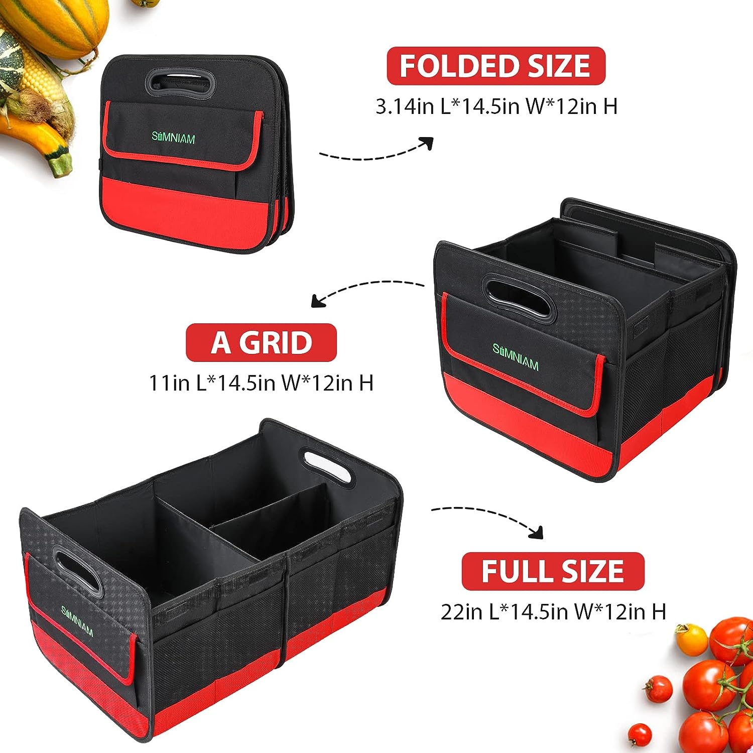 Simniam Collapsible Car Trunk Organize with 3 Removable Dividers, Trunk Organizer Fits Most Car, SUVs, Truck, or Minivan (2 Compartments, Red)