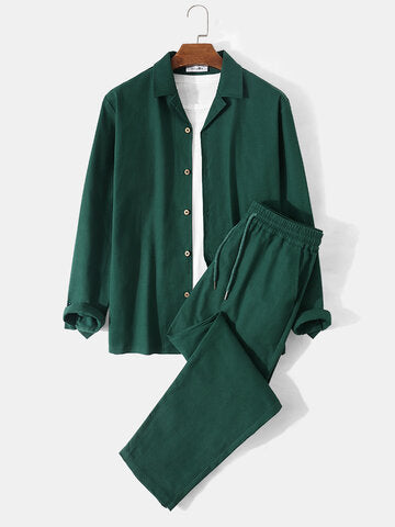mens pure color revere collar shirts basics two pieces outfits with sweatpants
