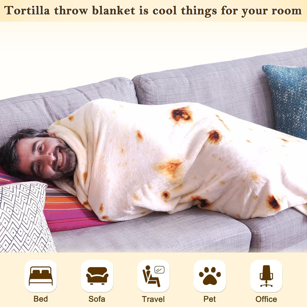 mermaker Burritos Tortilla Throw Blanket 2.0 Double Sided 71 inches for Adult and Kids, Giant Funny Realistic Food Blankets, 285 GSM Novelty Soft Flannel Taco Blanket (Yellow -Double Sided)