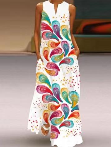 V-neck Casual Loose Floral Print Sleeveless Maxi Dress