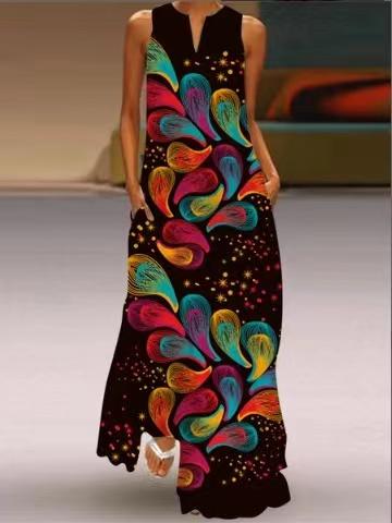 V-neck Casual Loose Floral Print Sleeveless Maxi Dress
