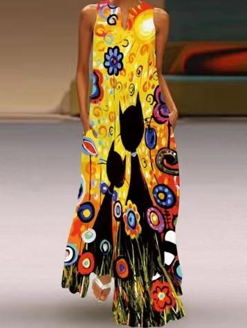 V-neck Casual Loose Floral Print Sleeveless Maxi Dress
