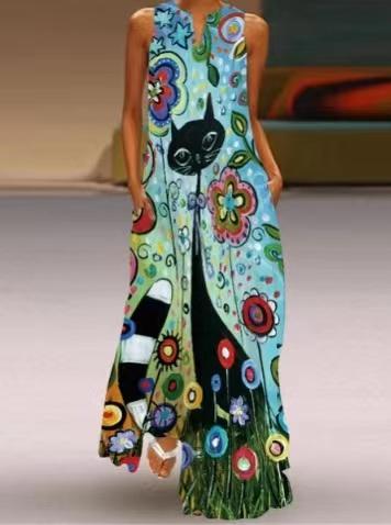 V-neck Casual Loose Floral Print Sleeveless Maxi Dress