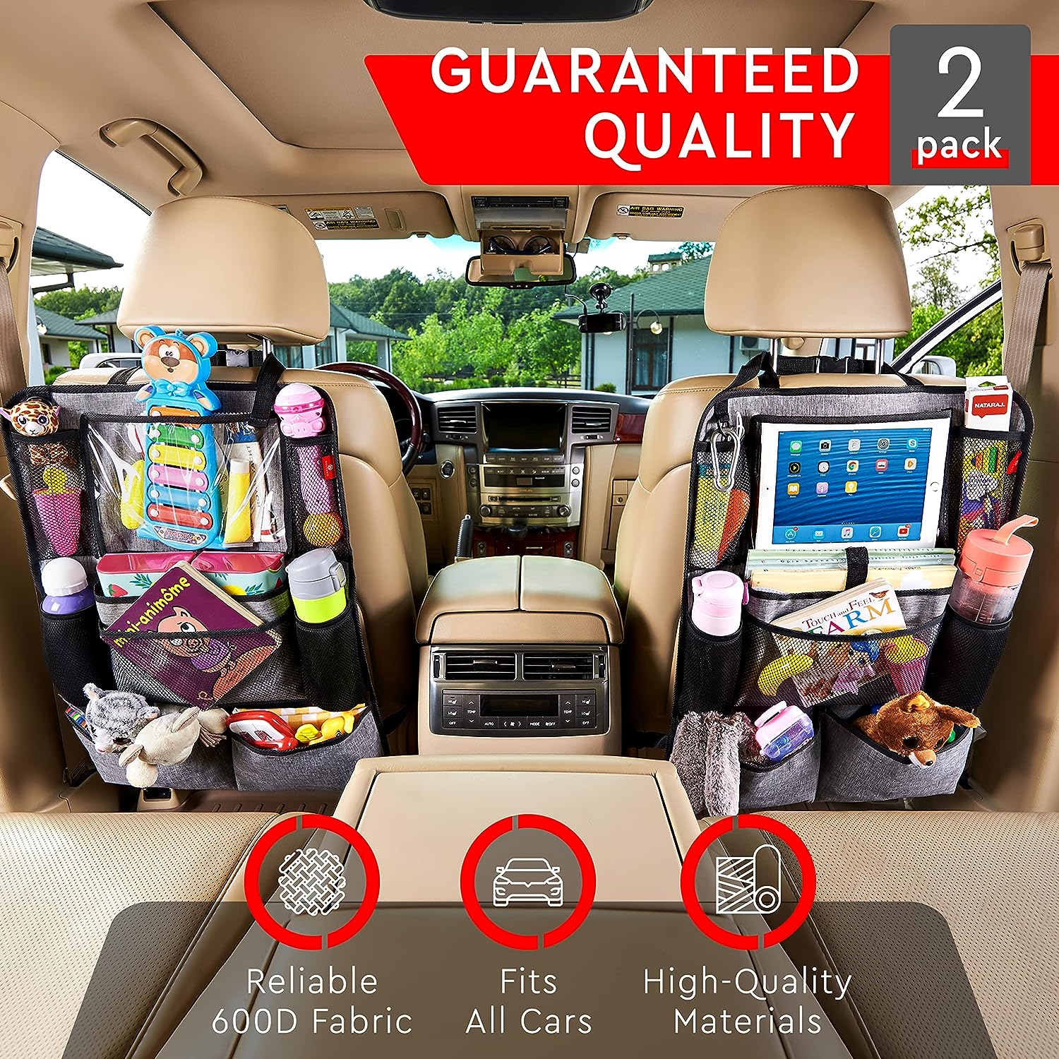 Helteko Backseat Car Organizer, Kick Mats Back Seat Protector with Touch Screen Tablet Holder, Car Back Seat Organizer for Kids, Car Travel Accessories, Kick Mat with 9 Storage Pockets 2 Pack, Gray