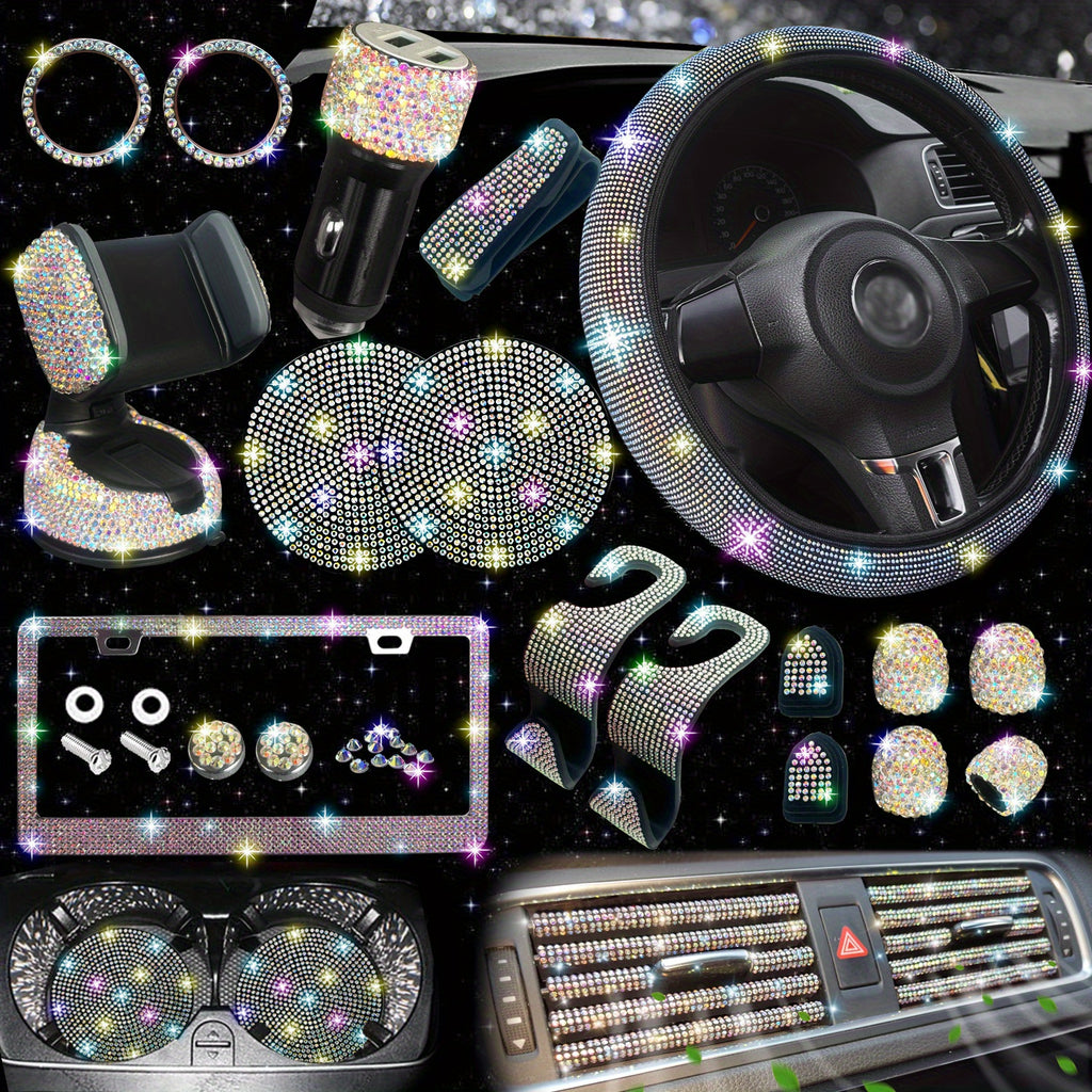 27pcs Bling Car Accessories Set For Women, Bling Steering Wheel Covers Universal Fit 15 Inch, Bling License Plate Frame,  Phone Holder, Car Coasters