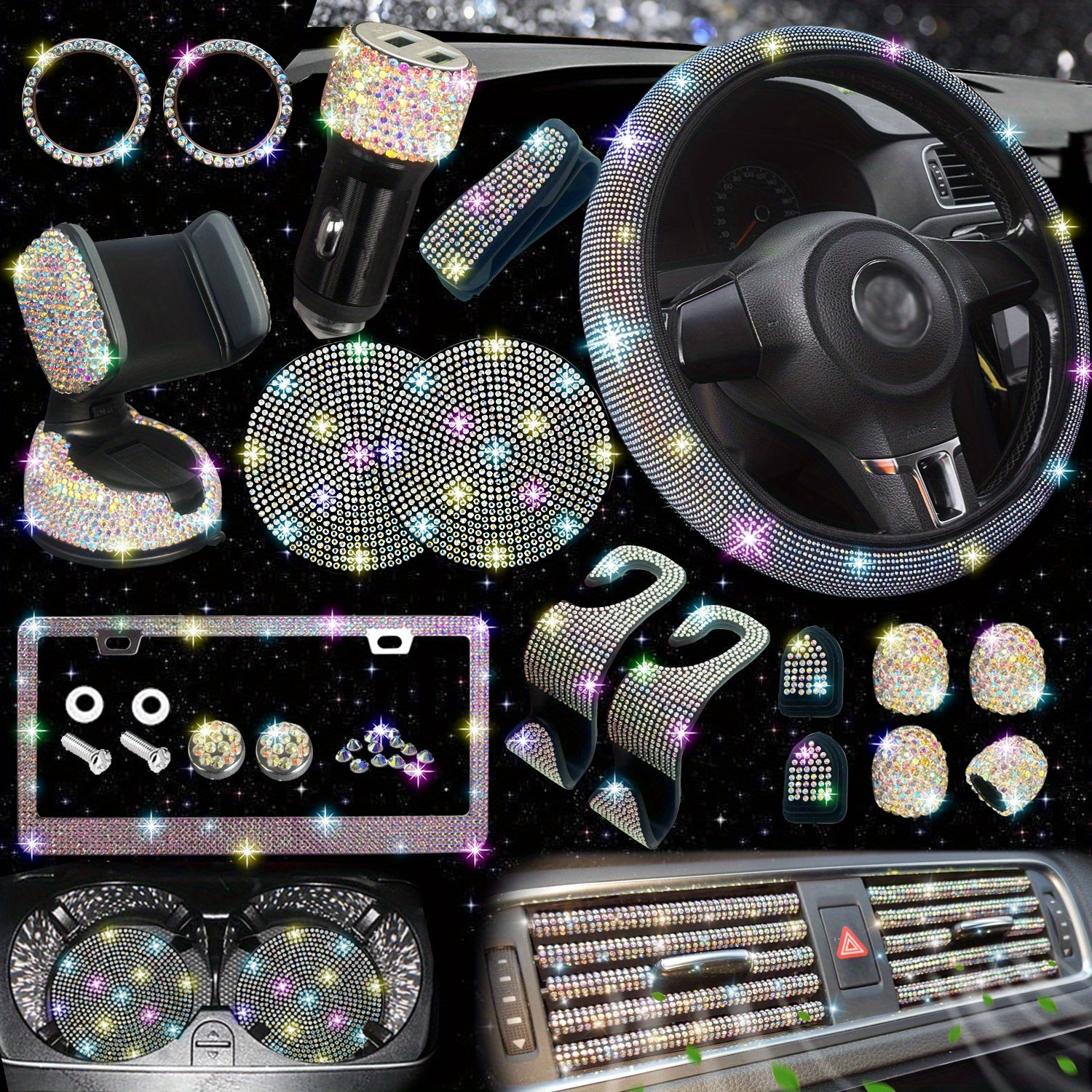 27pcs Bling Car Accessories Set For Women, Bling Steering Wheel Covers Universal Fit 15 Inch, Bling License Plate Frame,  Phone Holder, Car Coasters