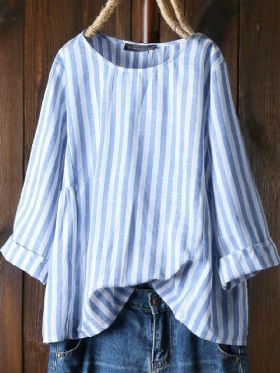 Cotton-Lined Striped Long-Sleeved Crew Neck Blouse