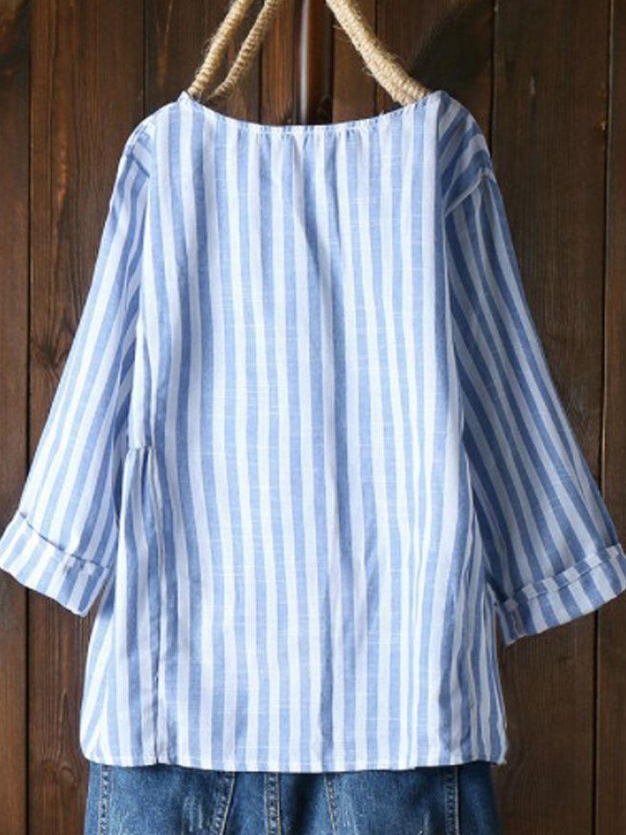 Cotton-Lined Striped Long-Sleeved Crew Neck Blouse