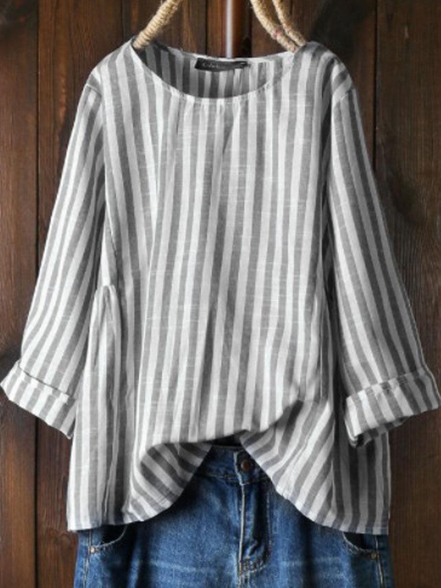 Cotton-Lined Striped Long-Sleeved Crew Neck Blouse