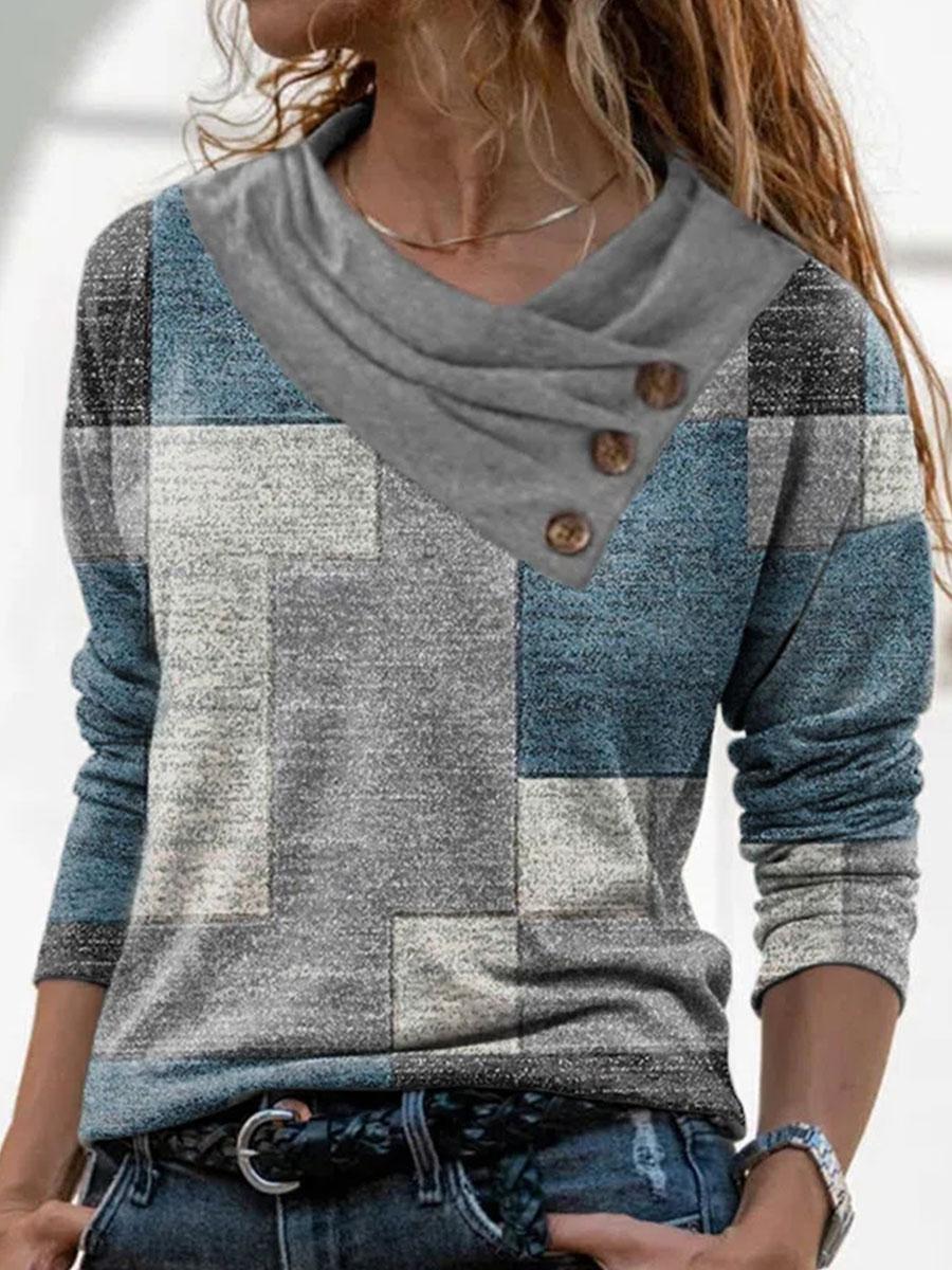 Fashion Check Print Stack Neck Long Sleeve Casual T-shirt