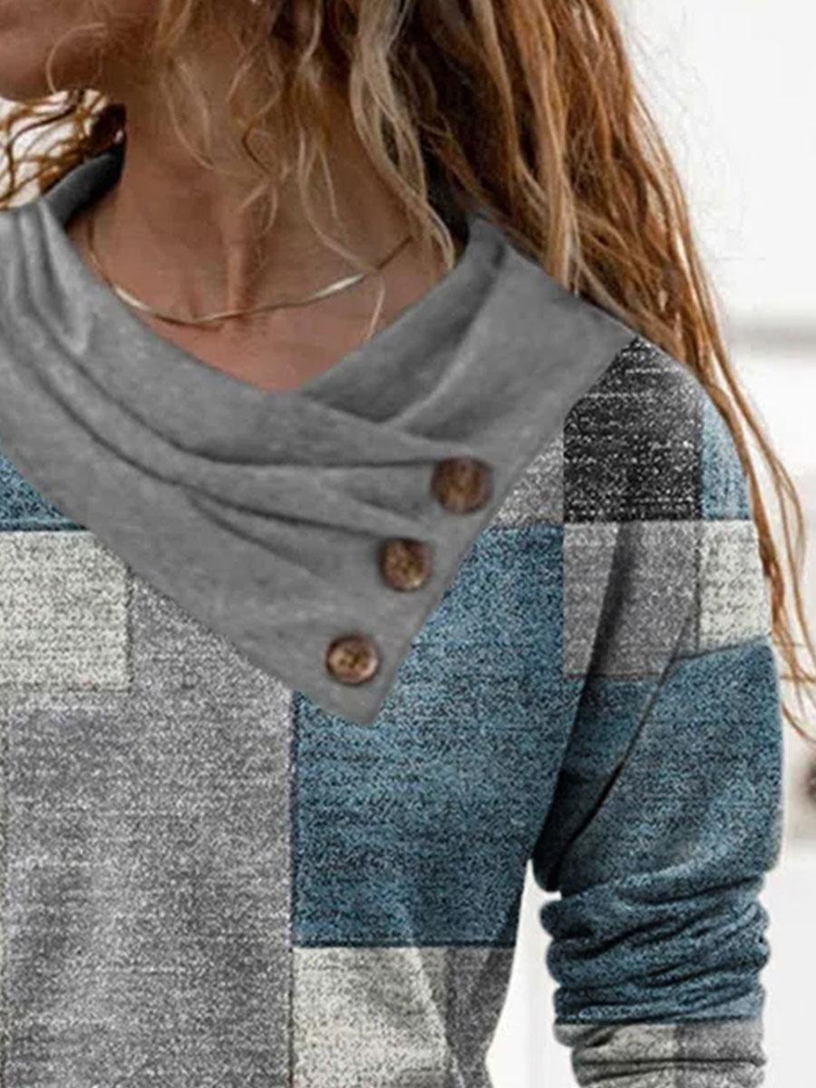 Fashion Check Print Stack Neck Long Sleeve Casual T-shirt