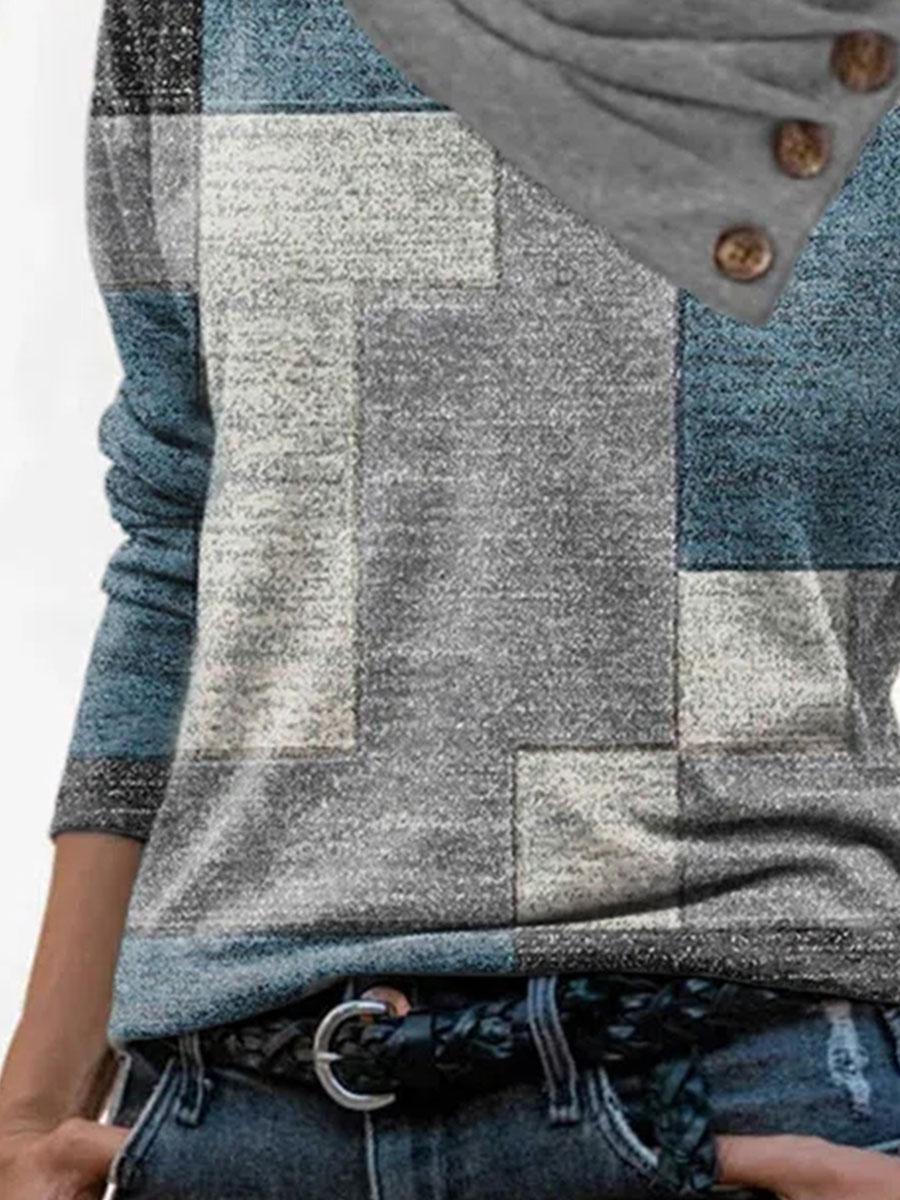 Fashion Check Print Stack Neck Long Sleeve Casual T-shirt