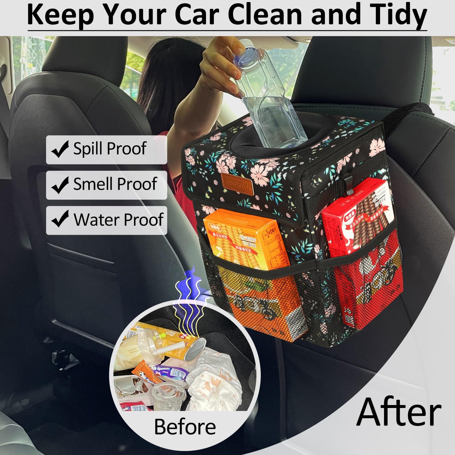 ELONGRIVER Car Trash Can Bin for Car Back Seat Leak Proof, Cute Car Trash Bag Hanging, Vehicle Trash Can for SUV Truck Van, Automotive Car Garbage Cans Front Seat Colorful Floral