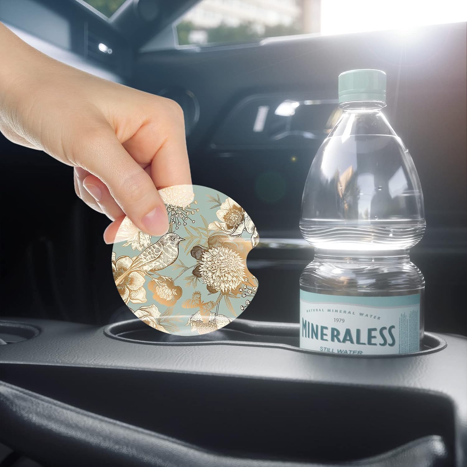 Nipichsha Car Cup Holder Coasters, Car Coasters for Cup Holders, 2 Pack Anti Slip Insert Coasters, Rubber Car Cup Mat with A Finger Notch, Cute Car Interior Accessories for Women Men(Birdsong Floral)