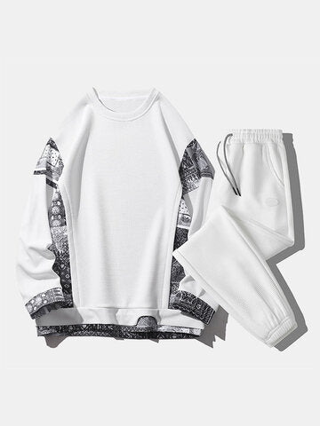 mens paisley print patchwork texture sweatshirt casual two pieces outfits