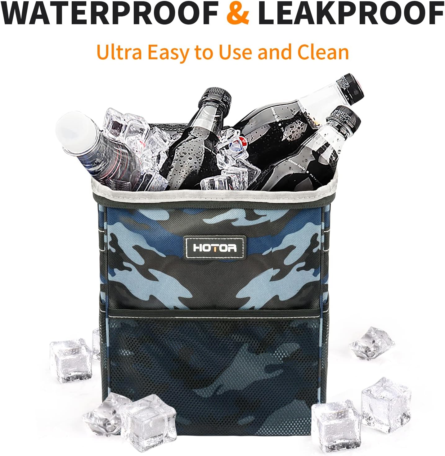 HOTOR Car Trash Can, Multifunctional Car Accessory for Interior Car Stuff Storage with Compact Design, Waterproof Car Organizer and Storage with Adjustable Straps, Magnetic Snaps (Camouflage Blue)