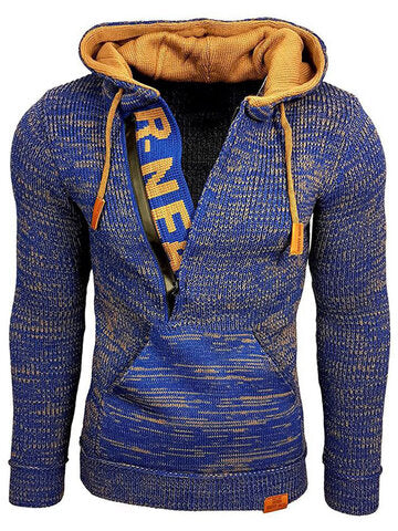 mens letter v-neck zip knit pullover casual drawstring hooded sweaters