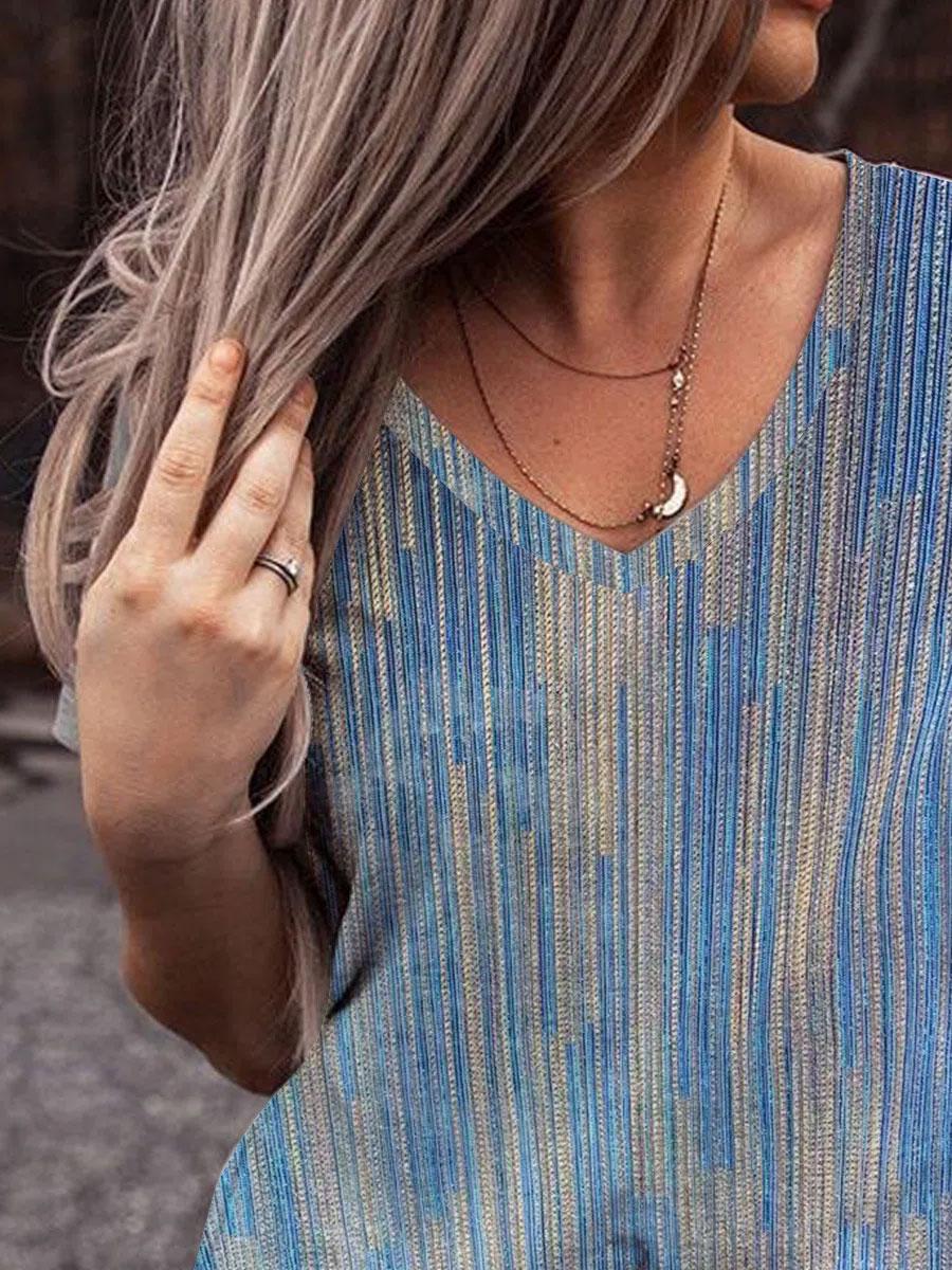 V-neck Loose Casual Striped Print Short Sleeve T-shirt