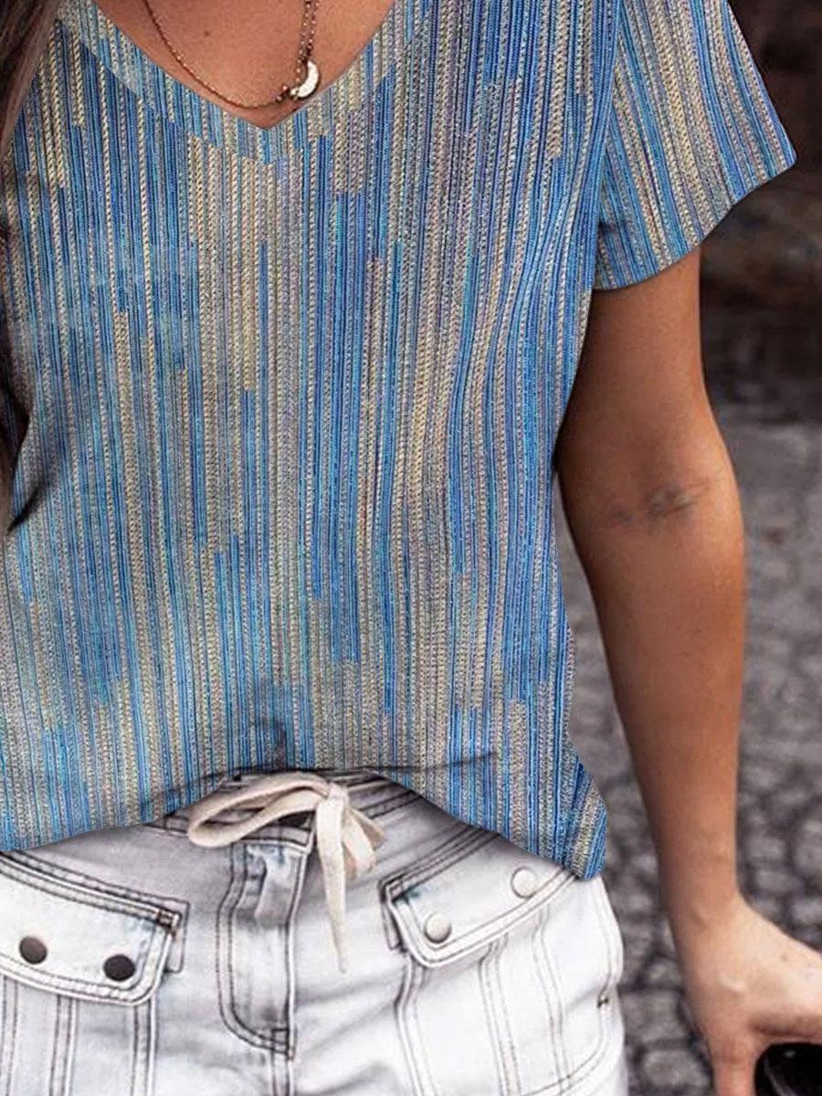 V-neck Loose Casual Striped Print Short Sleeve T-shirt