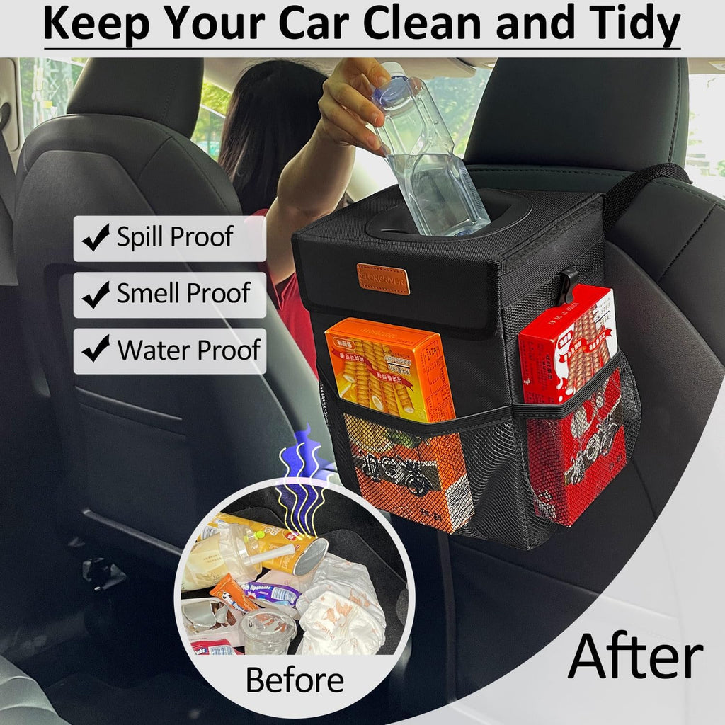 ELONGRIVER Car Trash Can Bin for Car Back Seat Leak Proof, Cute Car Trash Bag Hanging, Vehicle Trash Can for SUV Truck Van, Automotive Car Garbage Cans Front Seat Black