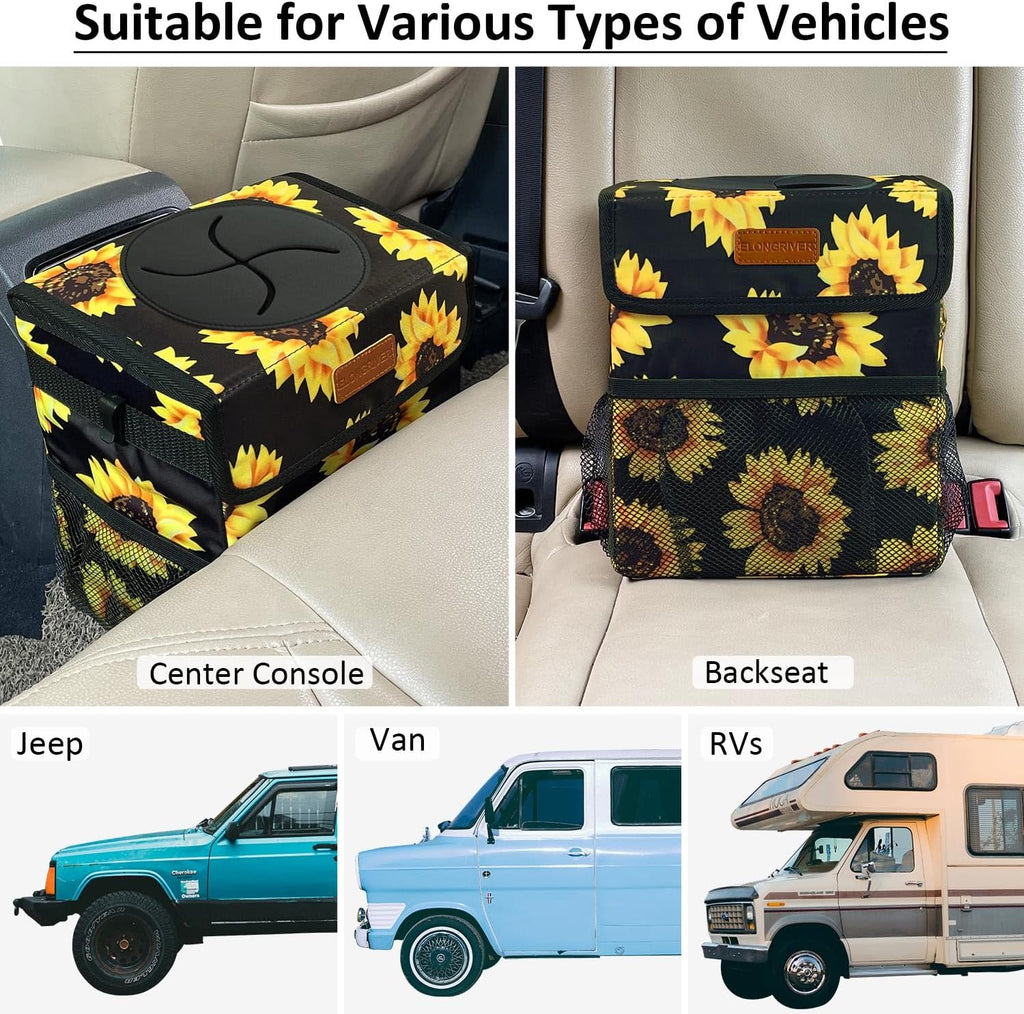 ELONGRIVER Car Trash Can Bin for Car Back Seat Leak Proof, Cute Car Trash Bag Hanging, Vehicle Trash Can for SUV Truck Van, Automotive Car Garbage Cans Front Seat Sunflower