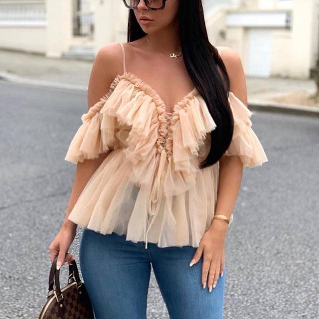 ruffle peplum mesh top