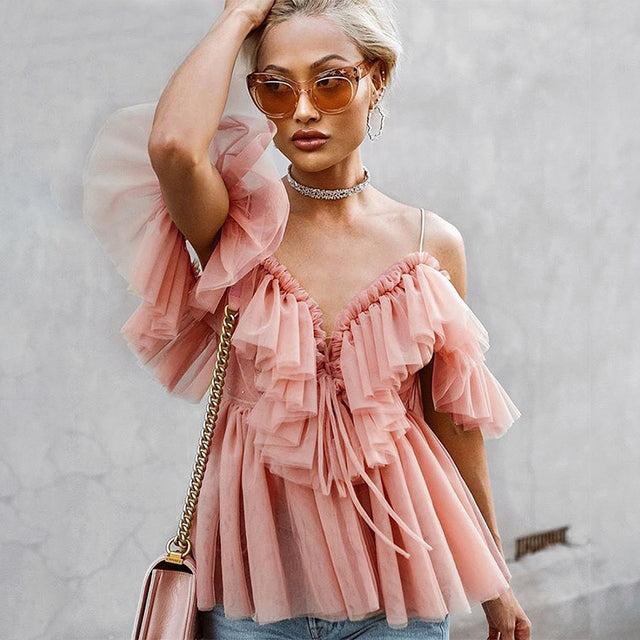 ruffle peplum mesh top