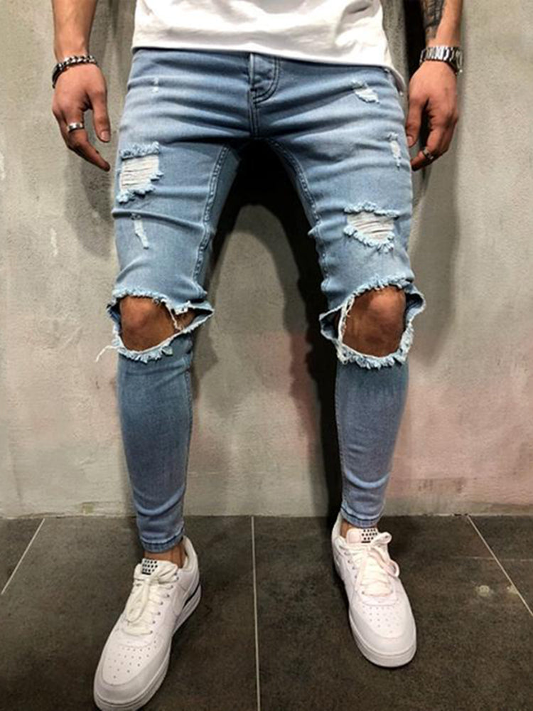 men's street solid color ripped denim trousers