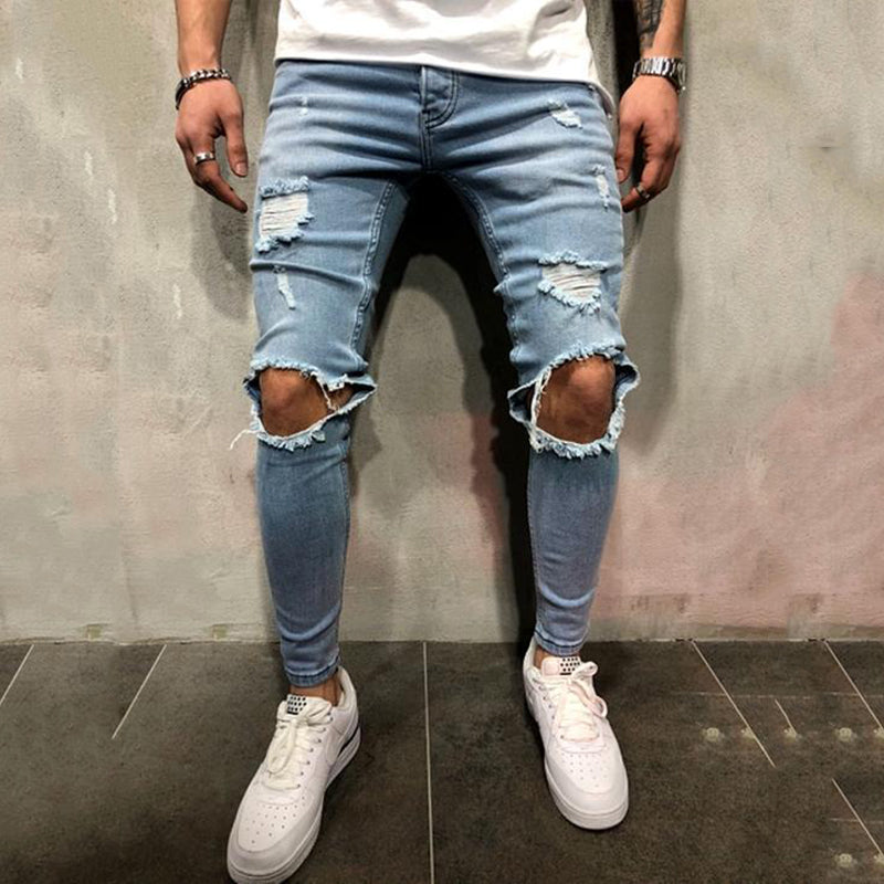 men's street solid color ripped denim trousers